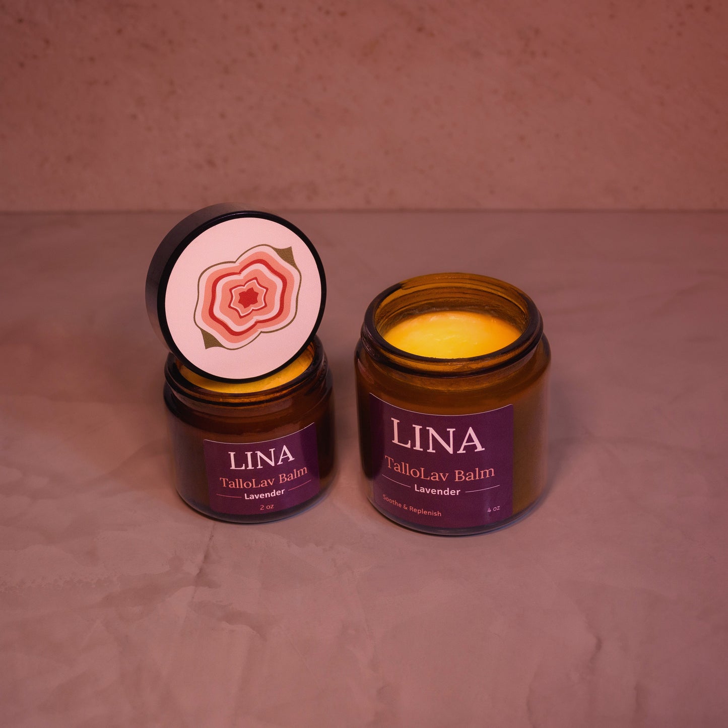TalloLav Balm. Tallow. Lavender. Soothe & Replenish. 2oz & 4oz. Solid texture.